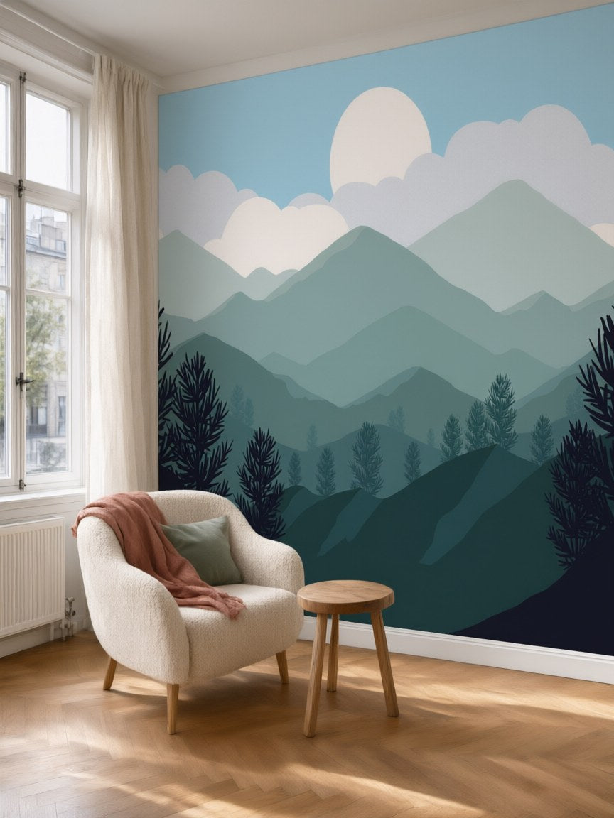Papier peint panoramique Montagnes vertes posé au mur, vue 5