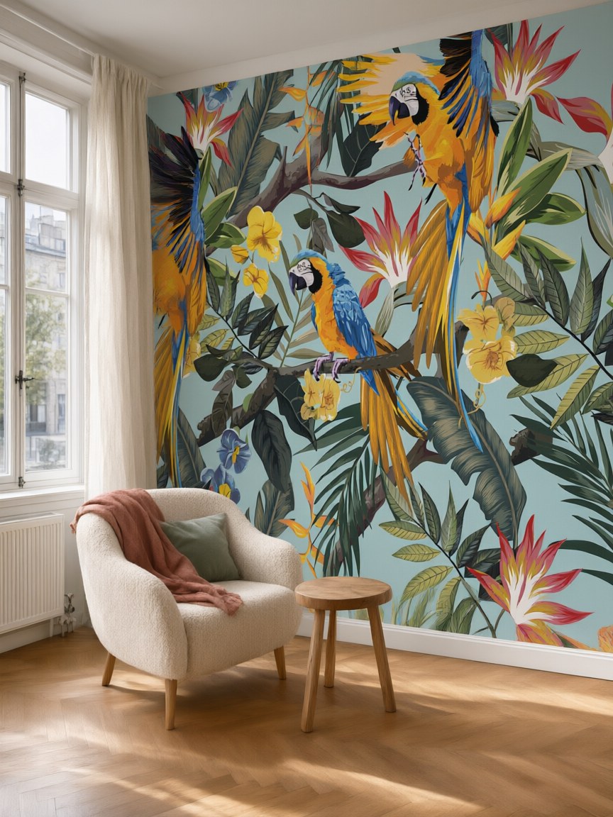 Papier peint panoramique Aras tropicaux posé au mur, vue 5