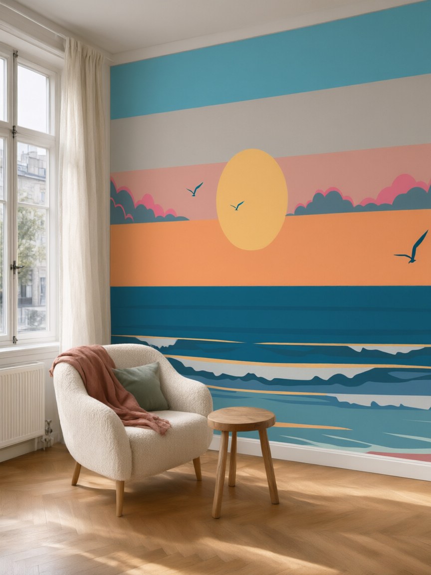 Papier peint panoramique Coucher de soleil sur la plage posé au mur, vue 5