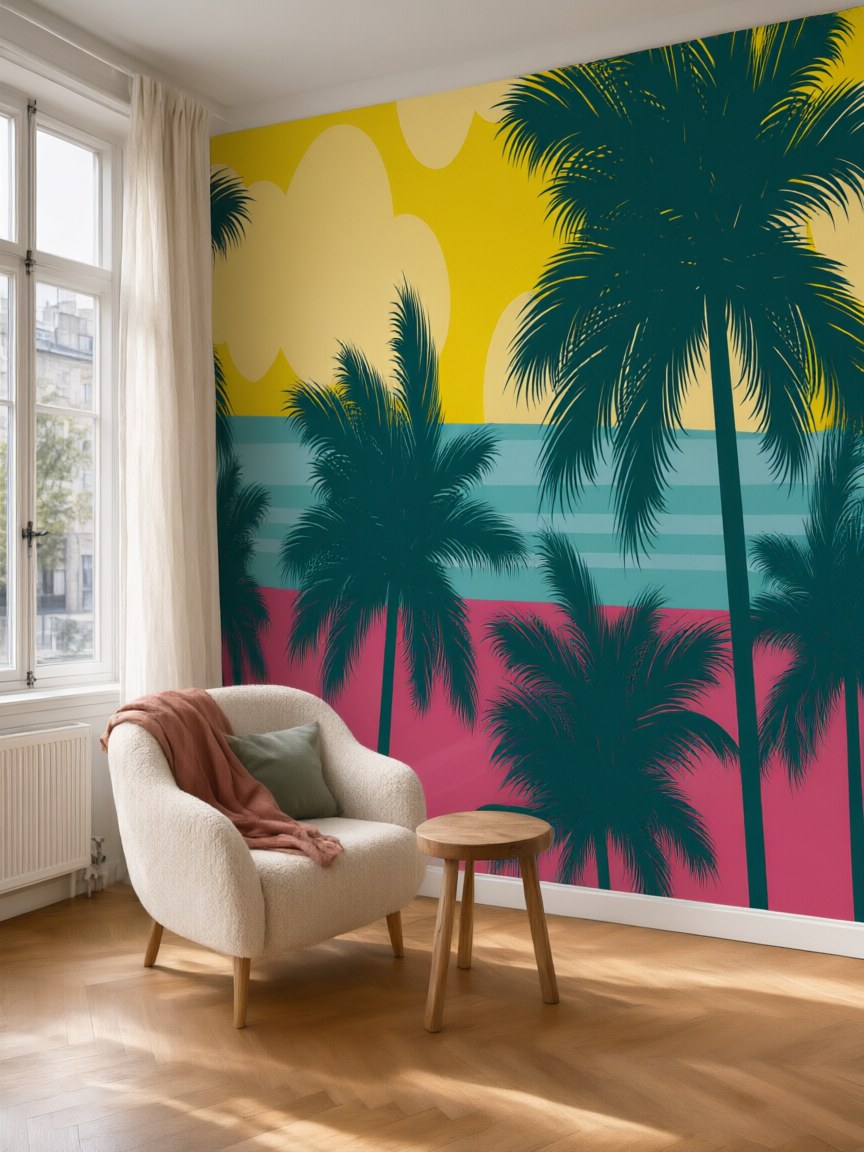 Papier peint panoramique Palmiers pop posé au mur, vue 5