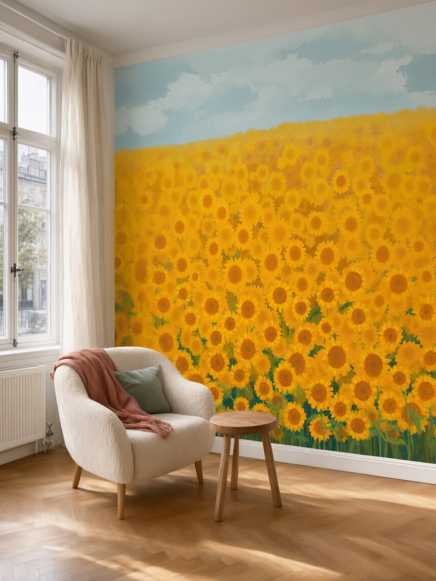 Papier peint panoramique Champ de tournesols posé au mur, vue 5