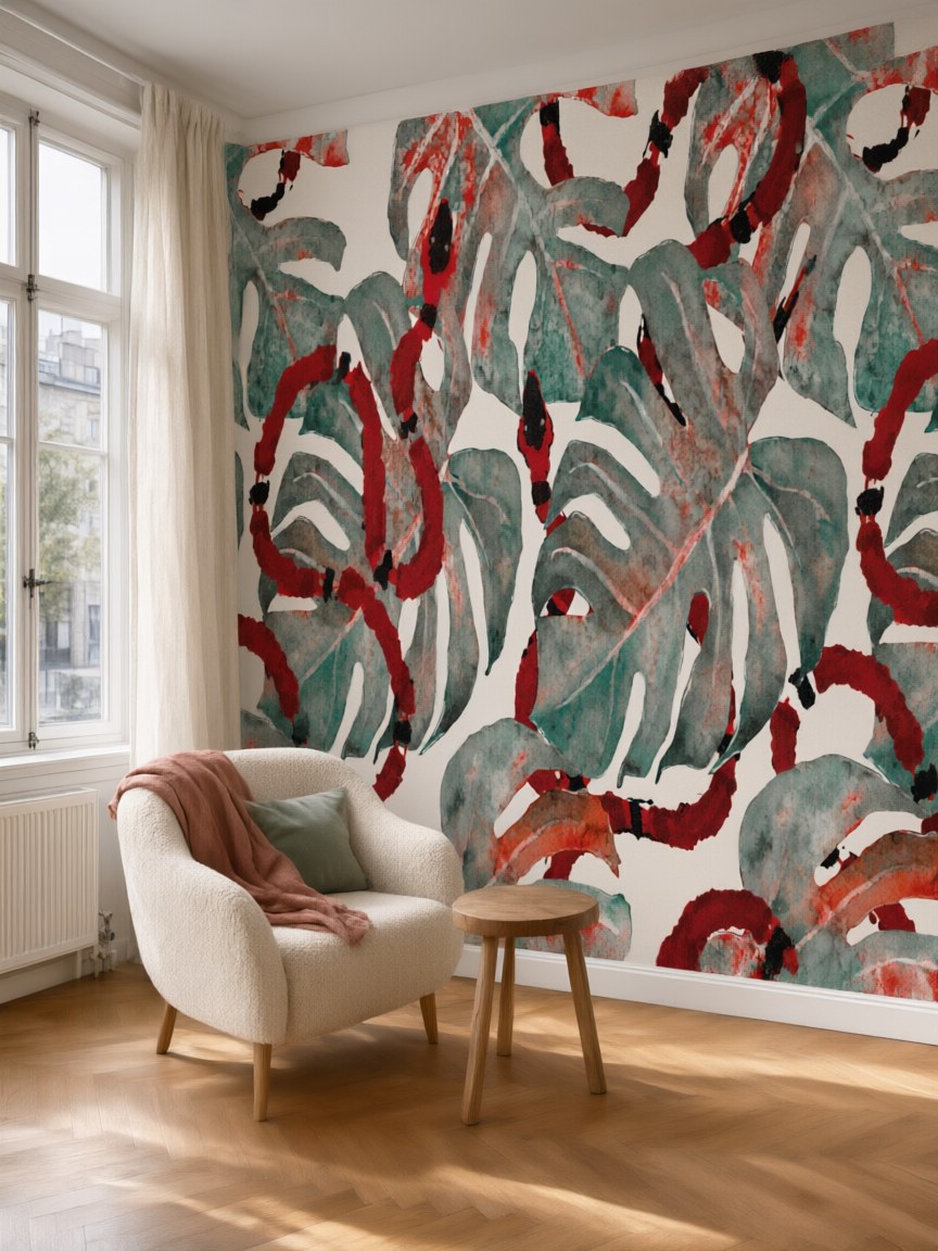Papier peint panoramique Monstera et serpents posé dans un salon