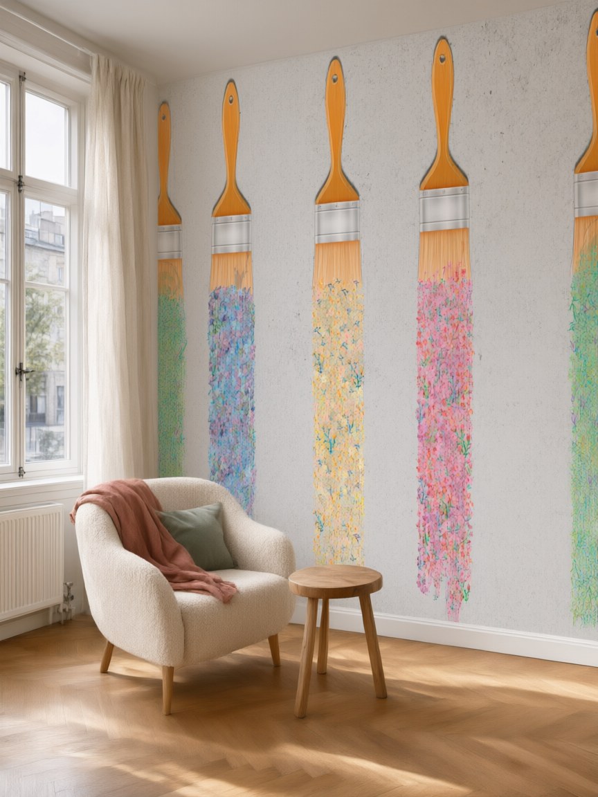Papier peint panoramique Pinceaux fleuris posé au mur, vue 5