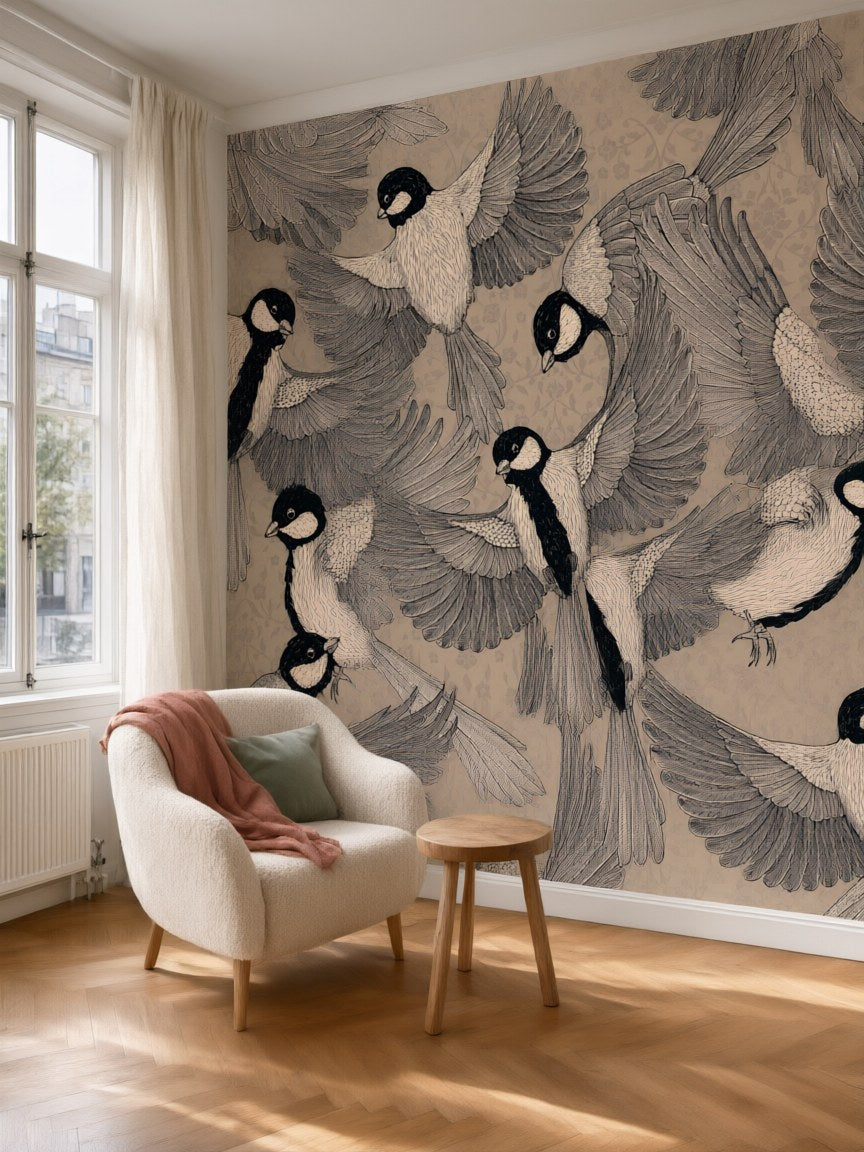 Papier peint panoramique Envol de mésanges posé dans un salon