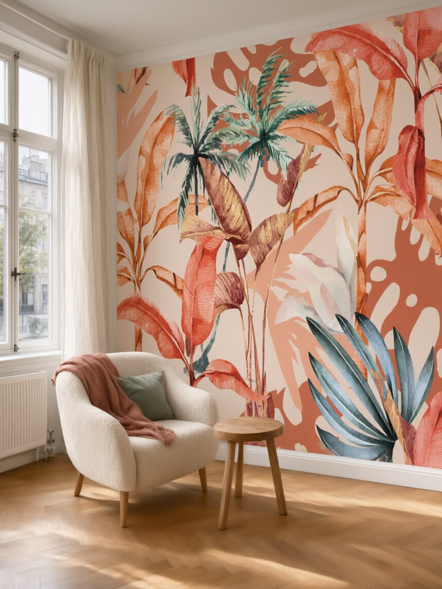 Papier peint panoramique Feuillage tropical posé au mur, vue 5