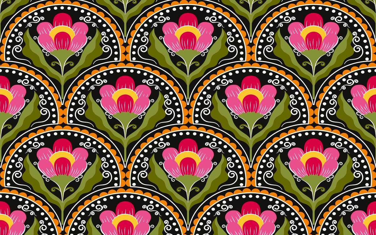Aperçu du cadrage de Éventails fleuris Art déco – Rose et vert