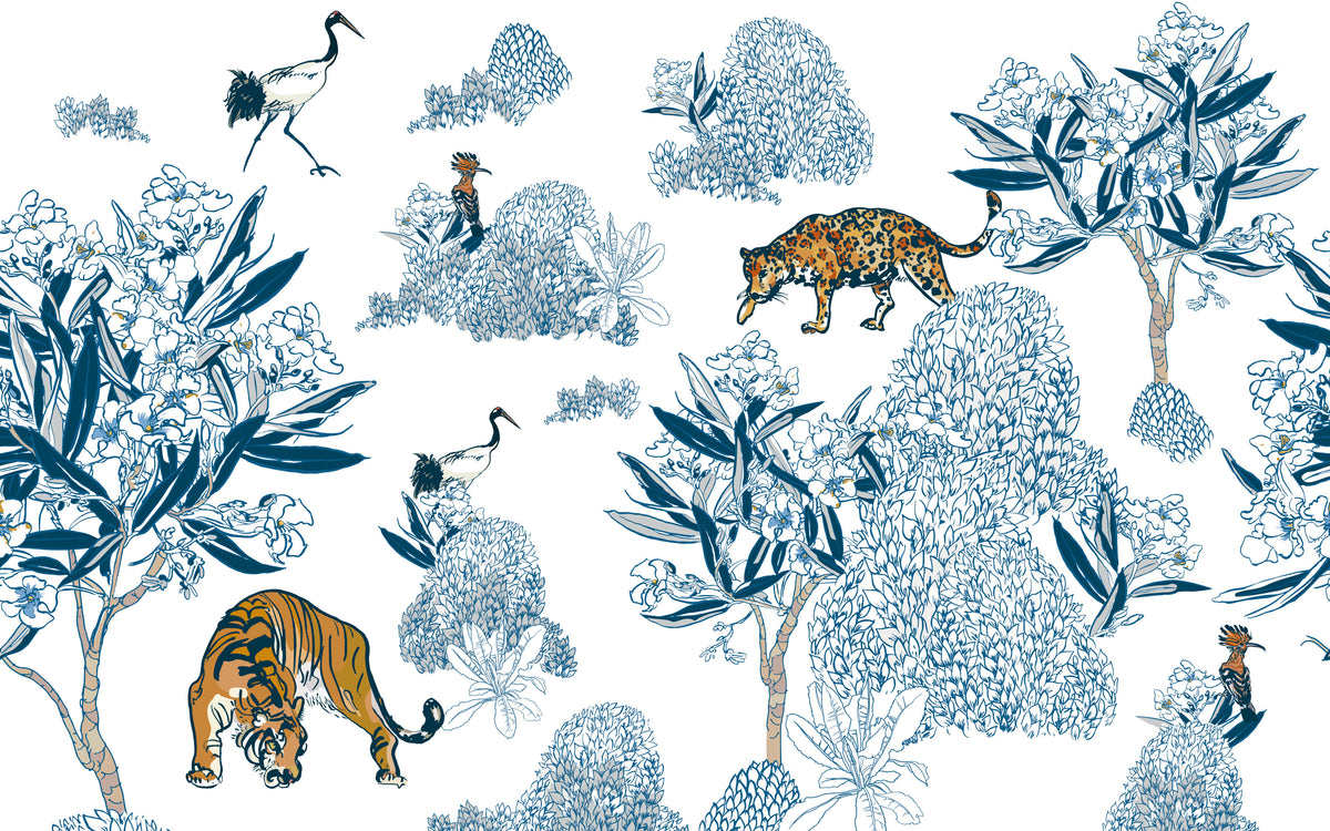 Aperçu du cadrage de Tigres en chinoiserie – Bleu et blanc