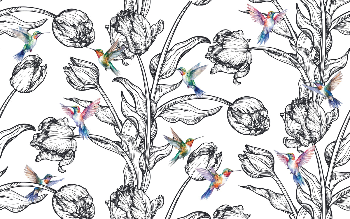 Aperçu du cadrage de Tulipes et colibris – Noir et blanc