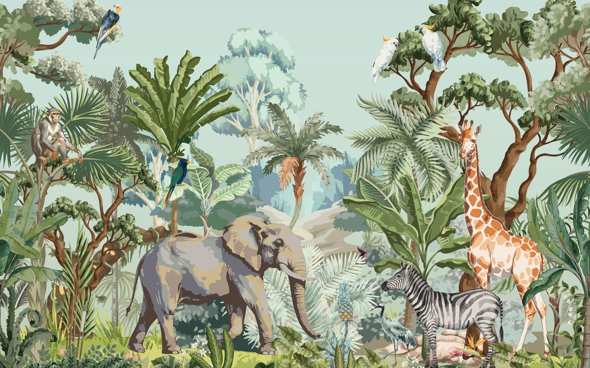Détail du motif du papier peint panoramique Safari tropical