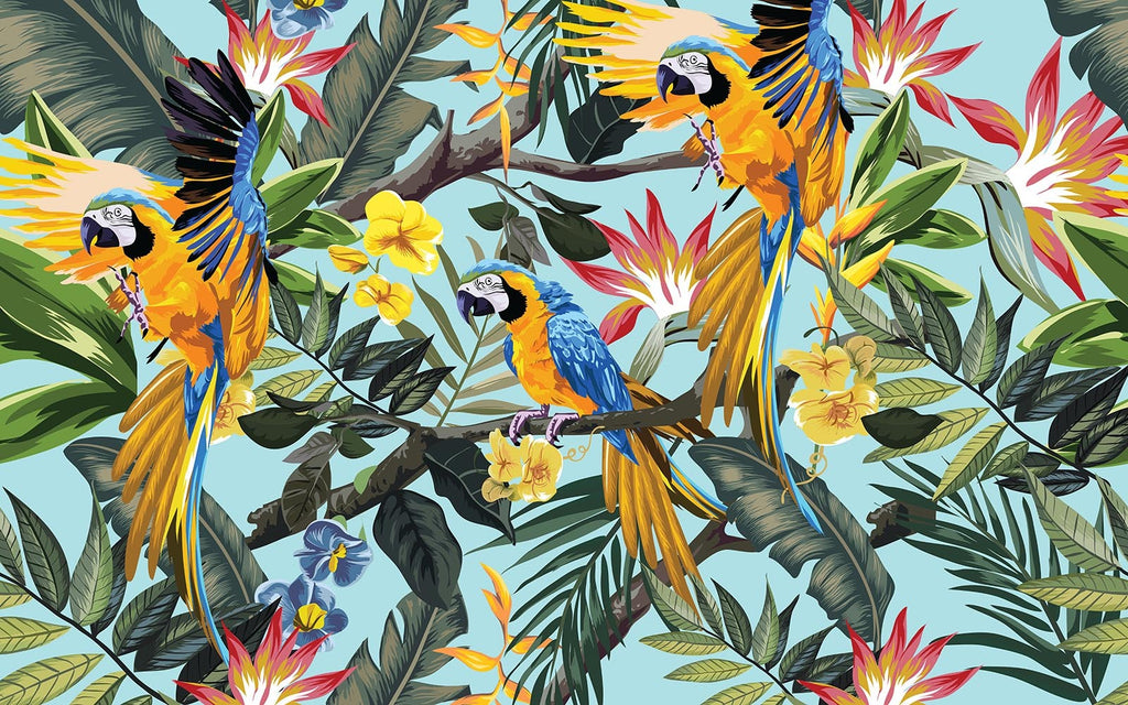 Détail du motif du papier peint panoramique Aras tropicaux