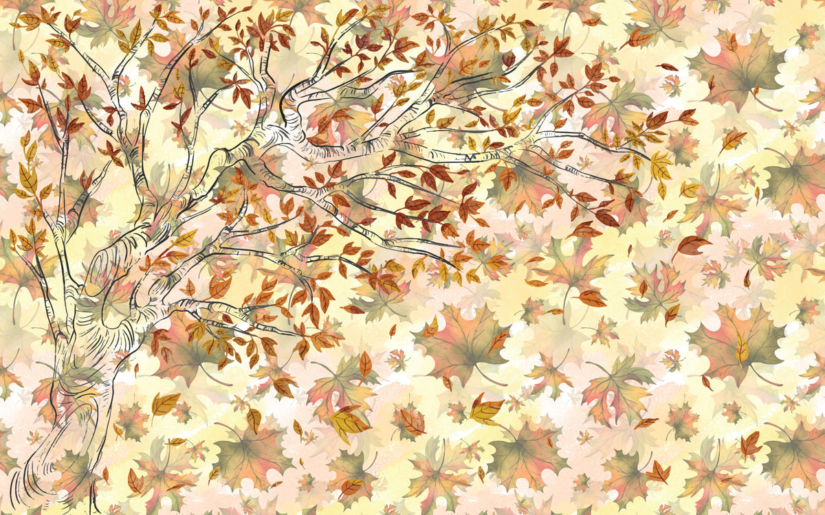 Détail du motif du papier peint panoramique Arbre d’automne