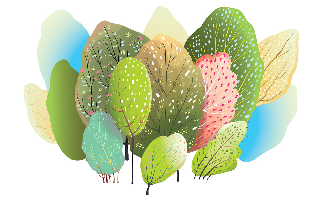 Détail du motif du papier peint panoramique Arbres colorés