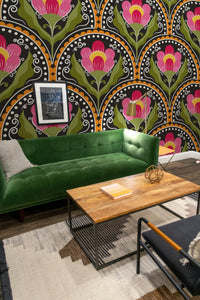 Papier peint panoramique Art déco — éventails fleuris roses sur fond vert