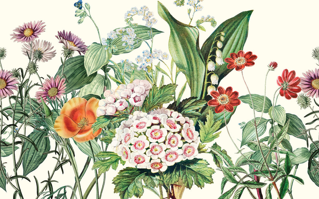 Détail du motif du papier peint panoramique Bouquet botanique