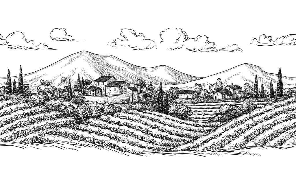Détail du motif du papier peint panoramique Campagne italienne