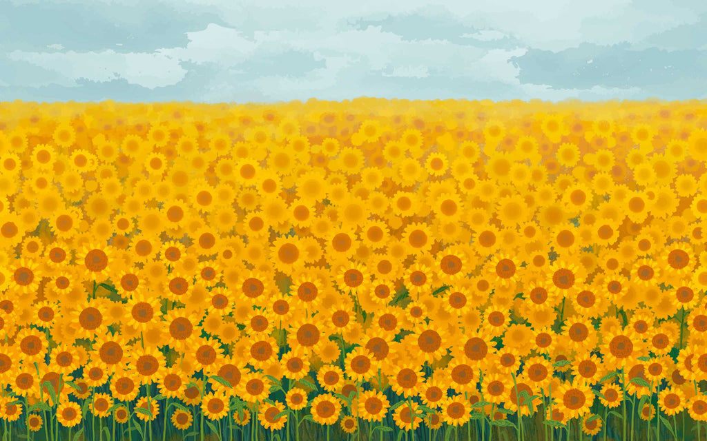 Détail du motif du papier peint panoramique Champ de tournesols