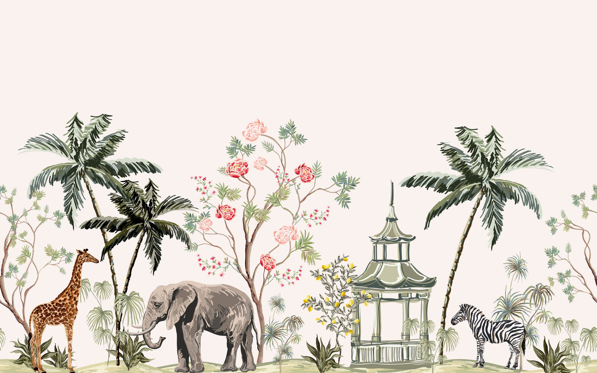Détail du motif du papier peint panoramique Pagode et animaux