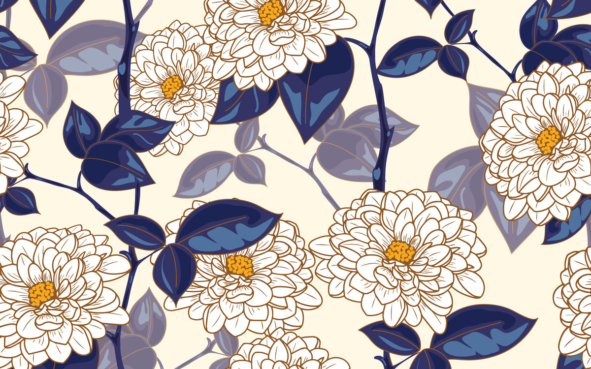 Détail du motif du papier peint panoramique Chrysanthèmes