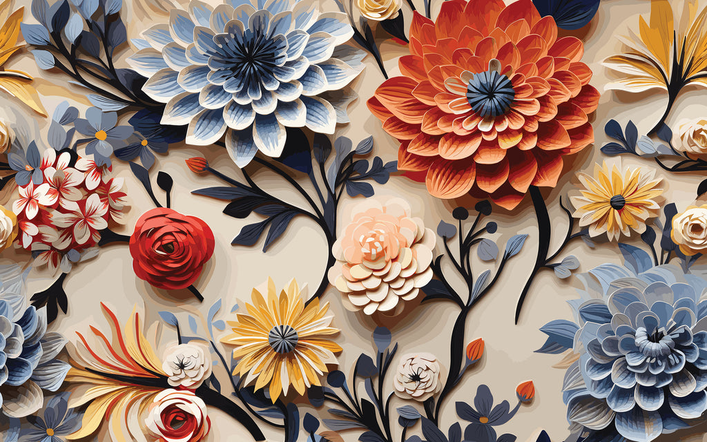 Détail du motif du papier peint panoramique Dahlias en relief