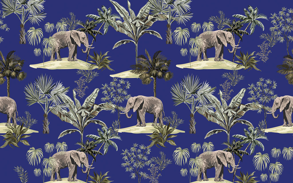 Détail du motif du papier peint panoramique Éléphants et palmiers