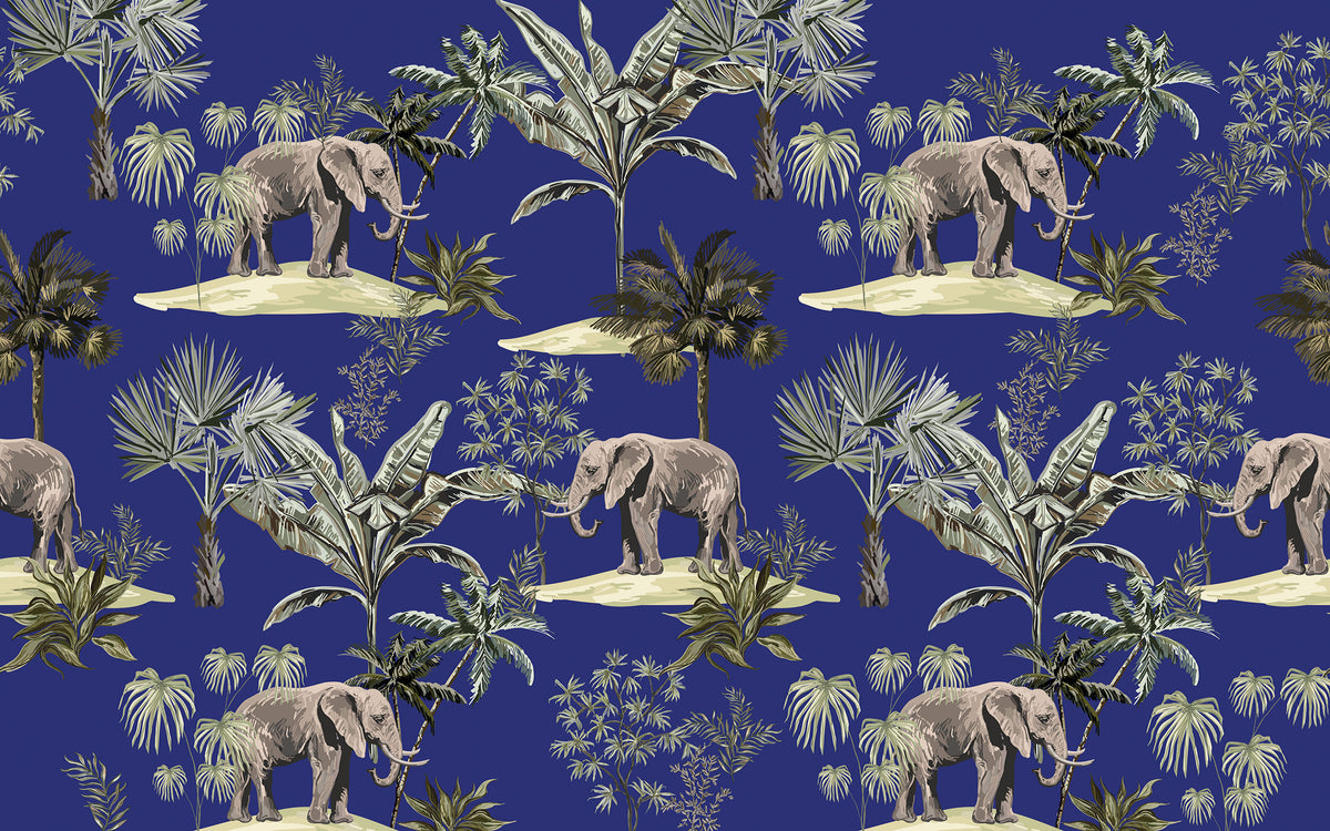 Détail du motif du papier peint panoramique Éléphants et palmiers