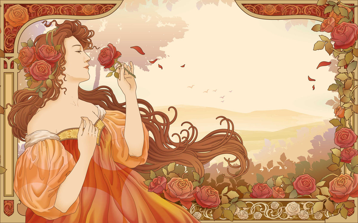 Détail du motif du papier peint panoramique Dame aux roses Art nouveau