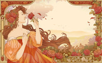 Détail du motif du papier peint panoramique Dame aux roses Art nouveau