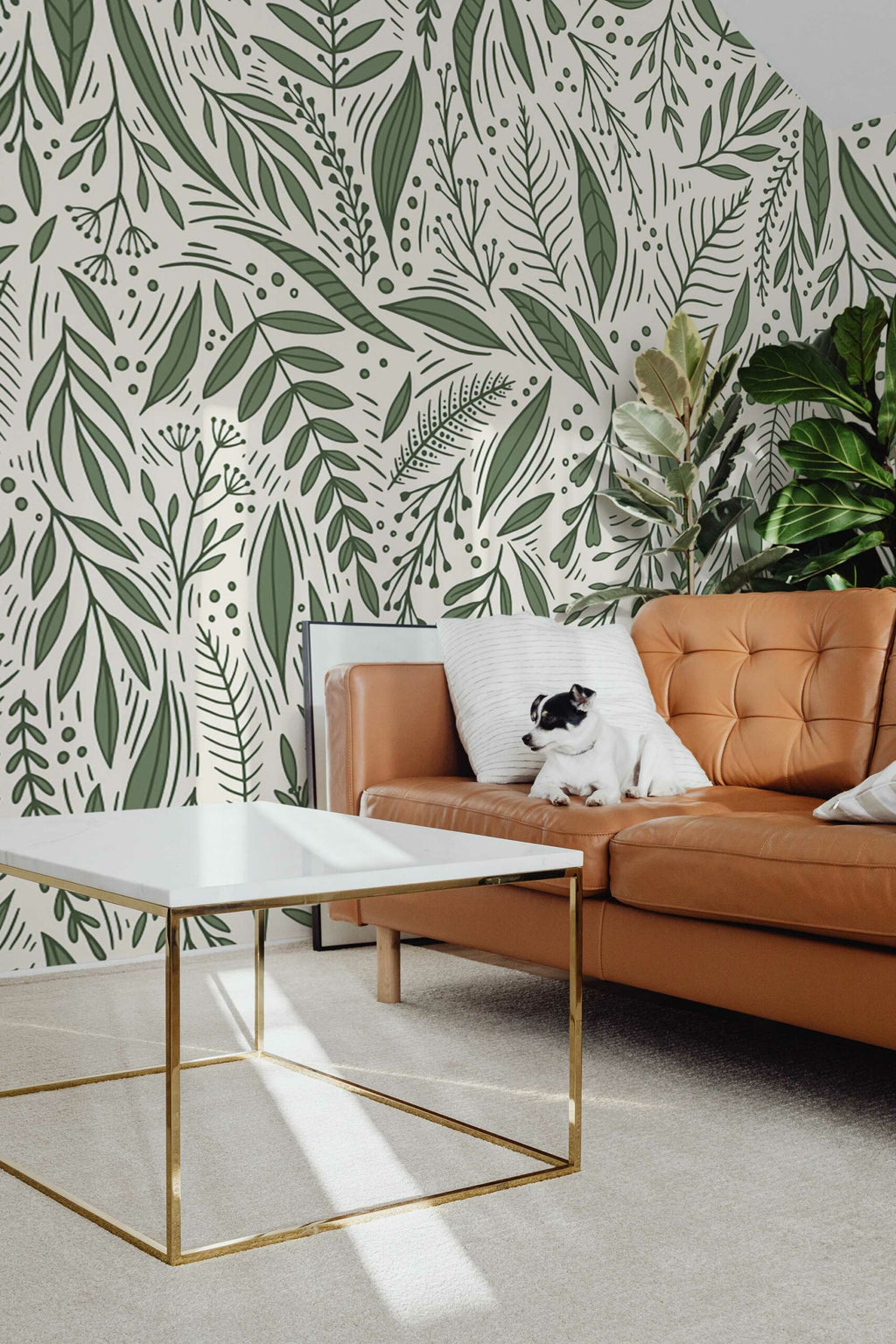 Papier peint panoramique feuillage — feuilles vert sauge sur fond crème
