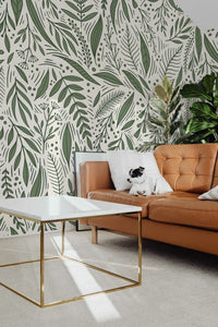 Papier peint panoramique feuillage — feuilles vert sauge sur fond crème