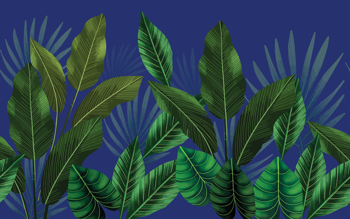 Détail du motif du papier peint panoramique Feuilles tropicales