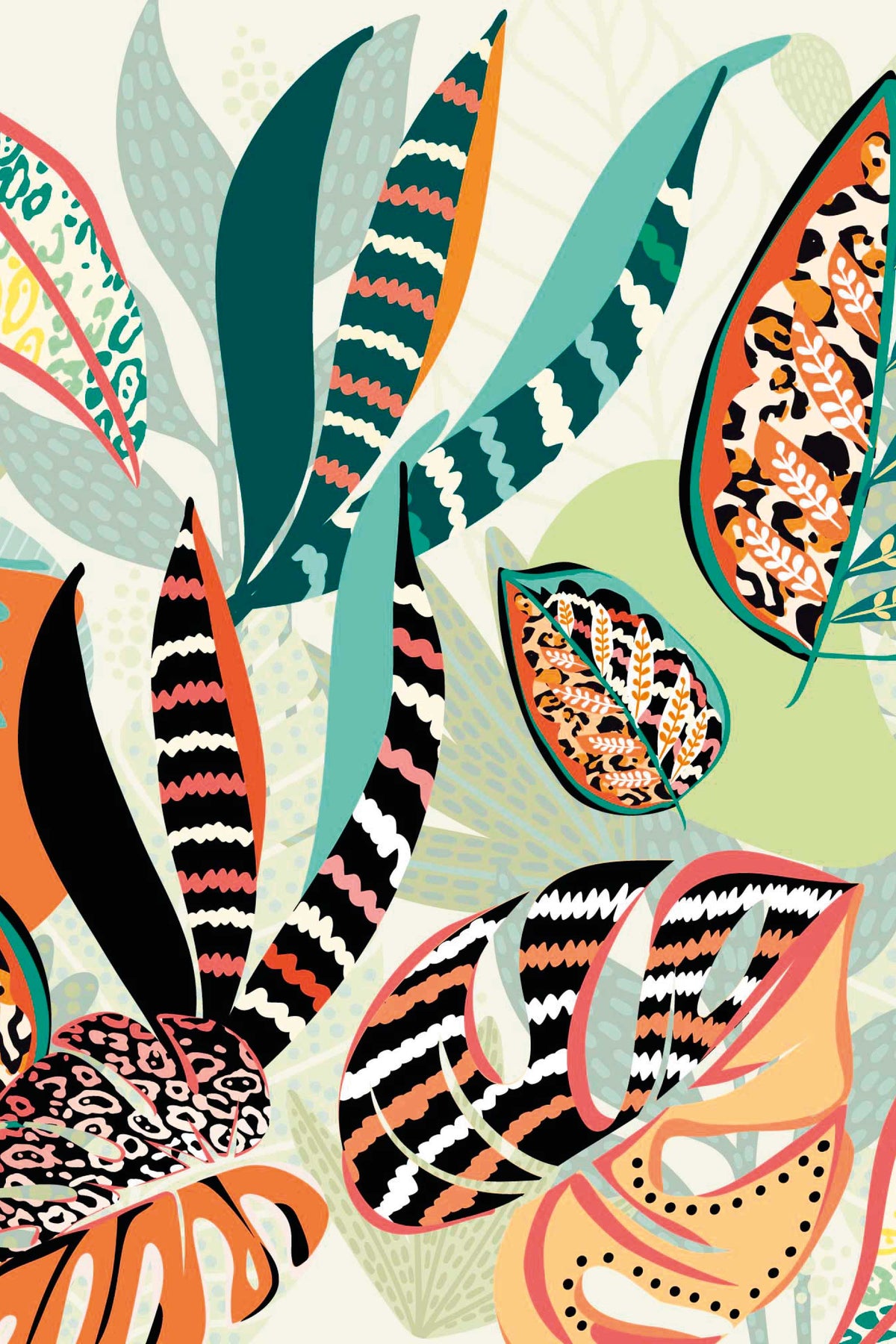 Détail du motif du papier peint panoramique tropical