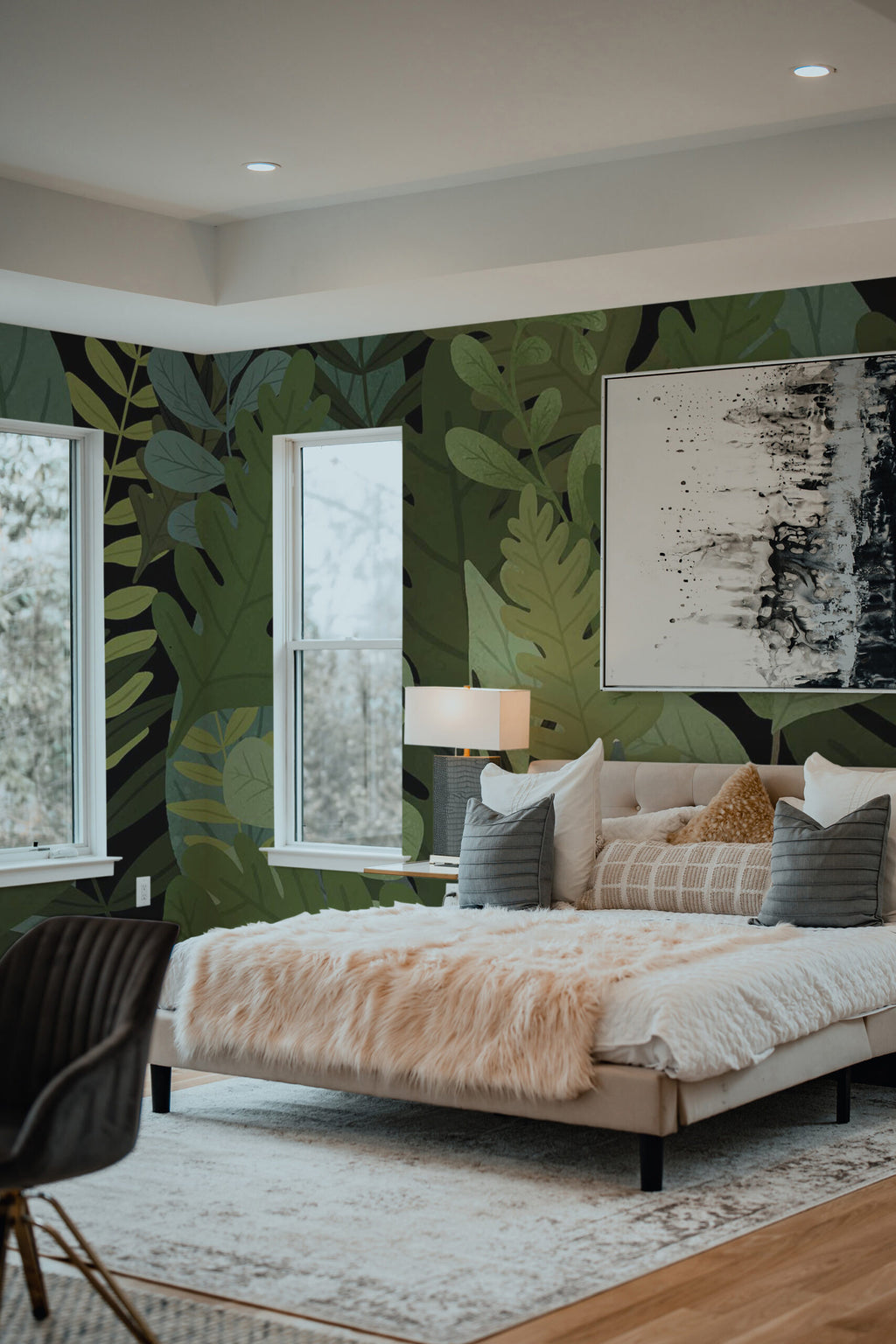 Papier peint panoramique feuilles tropicales posé au mur, vue 2