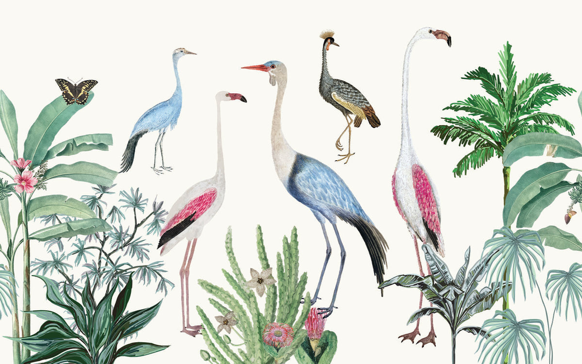 Détail du motif du papier peint panoramique Flamants et échassiers