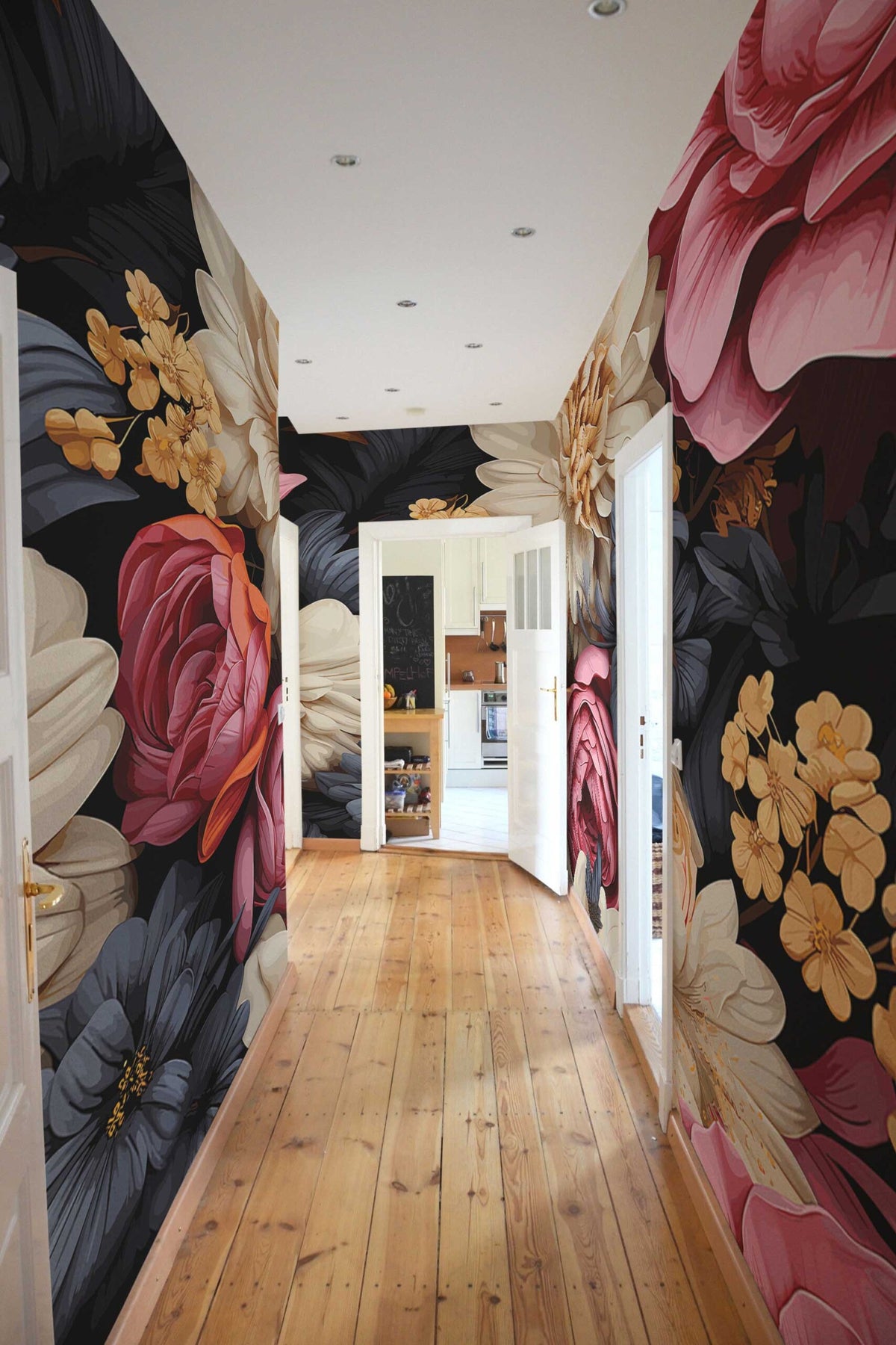 Papier peint panoramique fleurs 3D — grandes roses en relief sur fond sombre