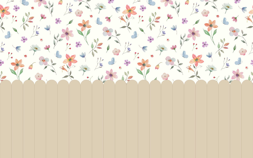 Détail du motif du papier peint panoramique Fleurs et palissade