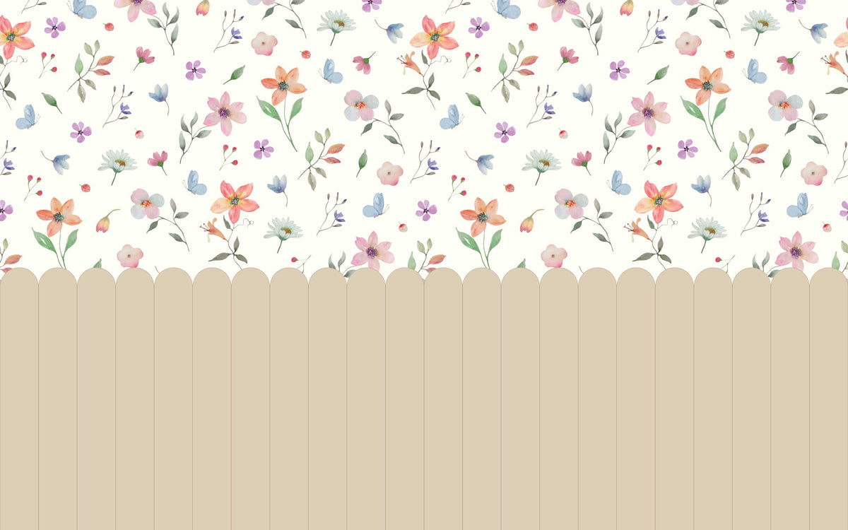 Détail du motif du papier peint panoramique Fleurs et palissade
