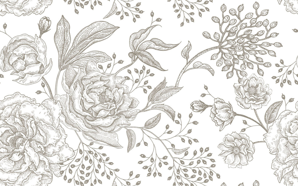 Détail du motif du papier peint panoramique Fleurs gravées
