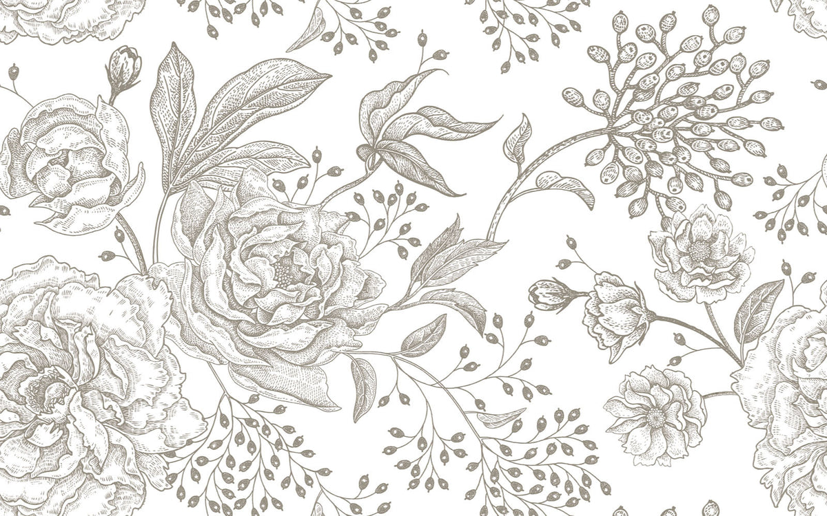 Détail du motif du papier peint panoramique Fleurs gravées