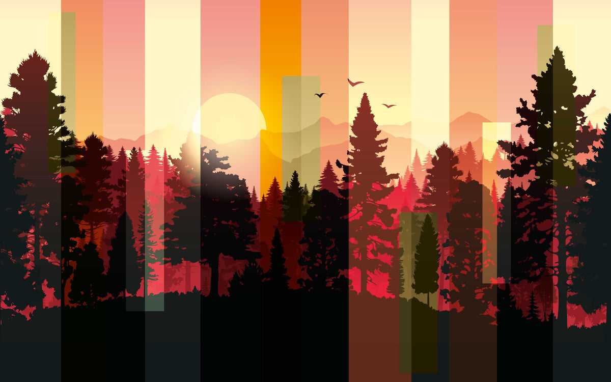 Détail du motif du papier peint panoramique Forêt au couchant
