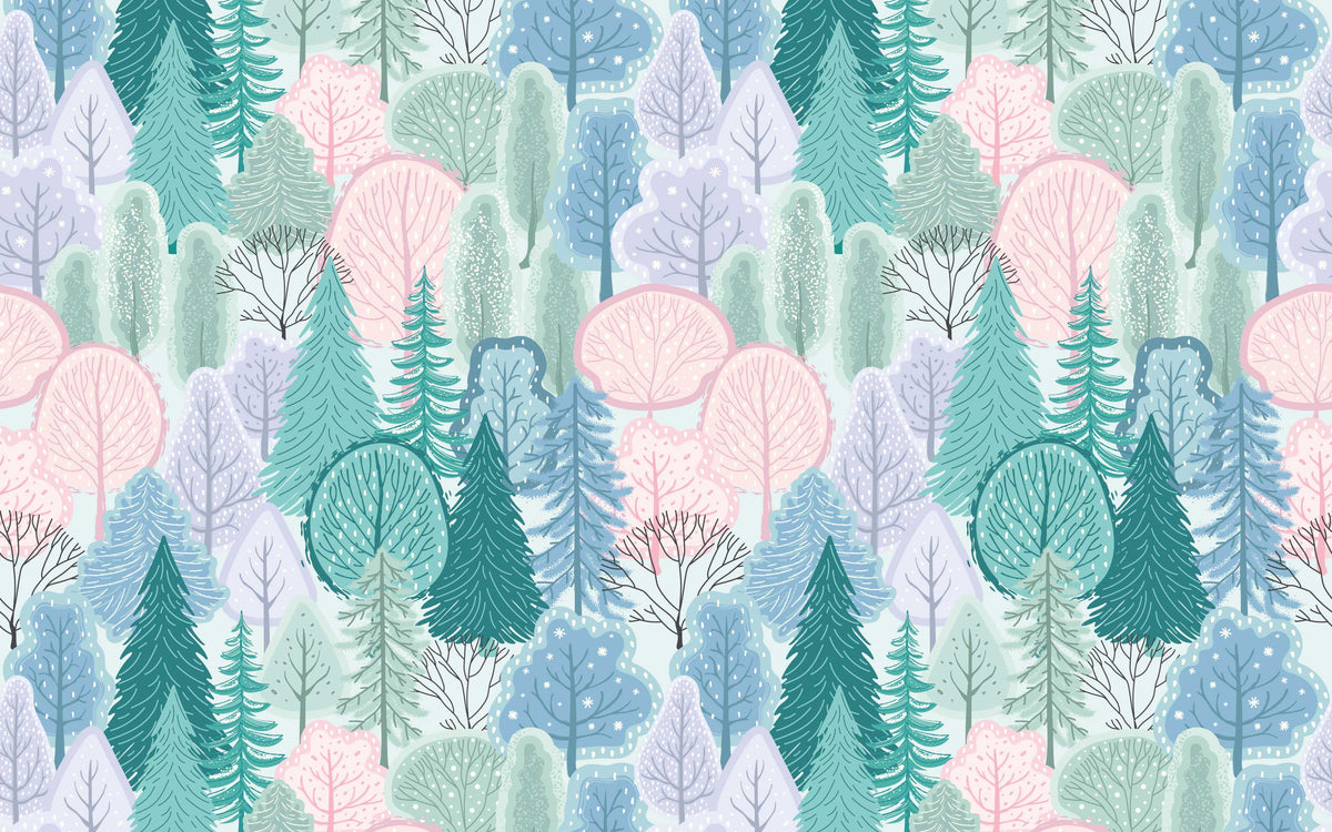 Détail du motif du papier peint panoramique Forêt pastel