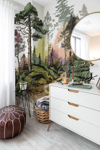 Papier peint panoramique forêt de pins — sous-bois dans la brume