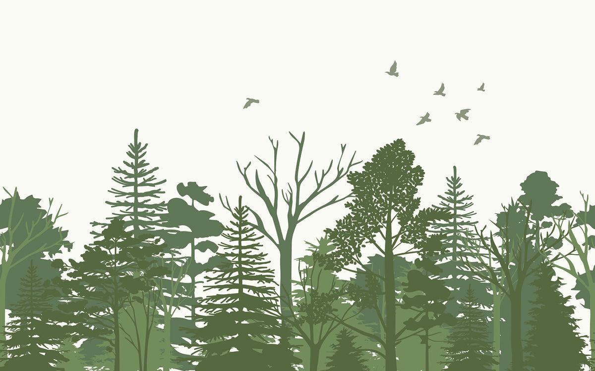 Détail du motif du papier peint panoramique Forêt en silhouettes