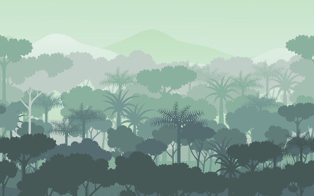 Détail du motif du papier peint panoramique Forêt tropicale dans la brume
