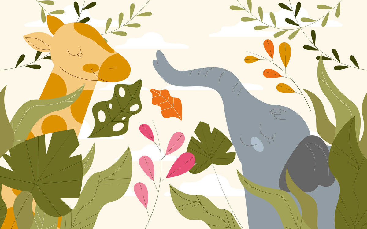 Détail du motif du papier peint panoramique Girafe et éléphant