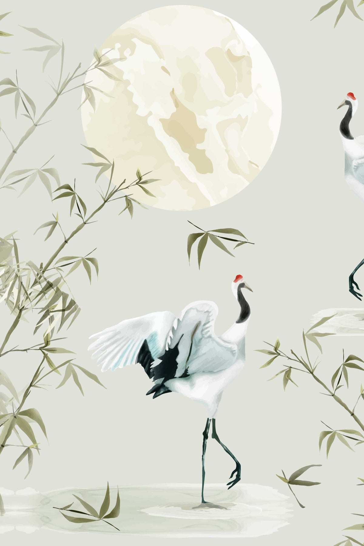 Détail du papier peint panoramique japonais : grues blanches et bambous sous la lune, fond gris vert