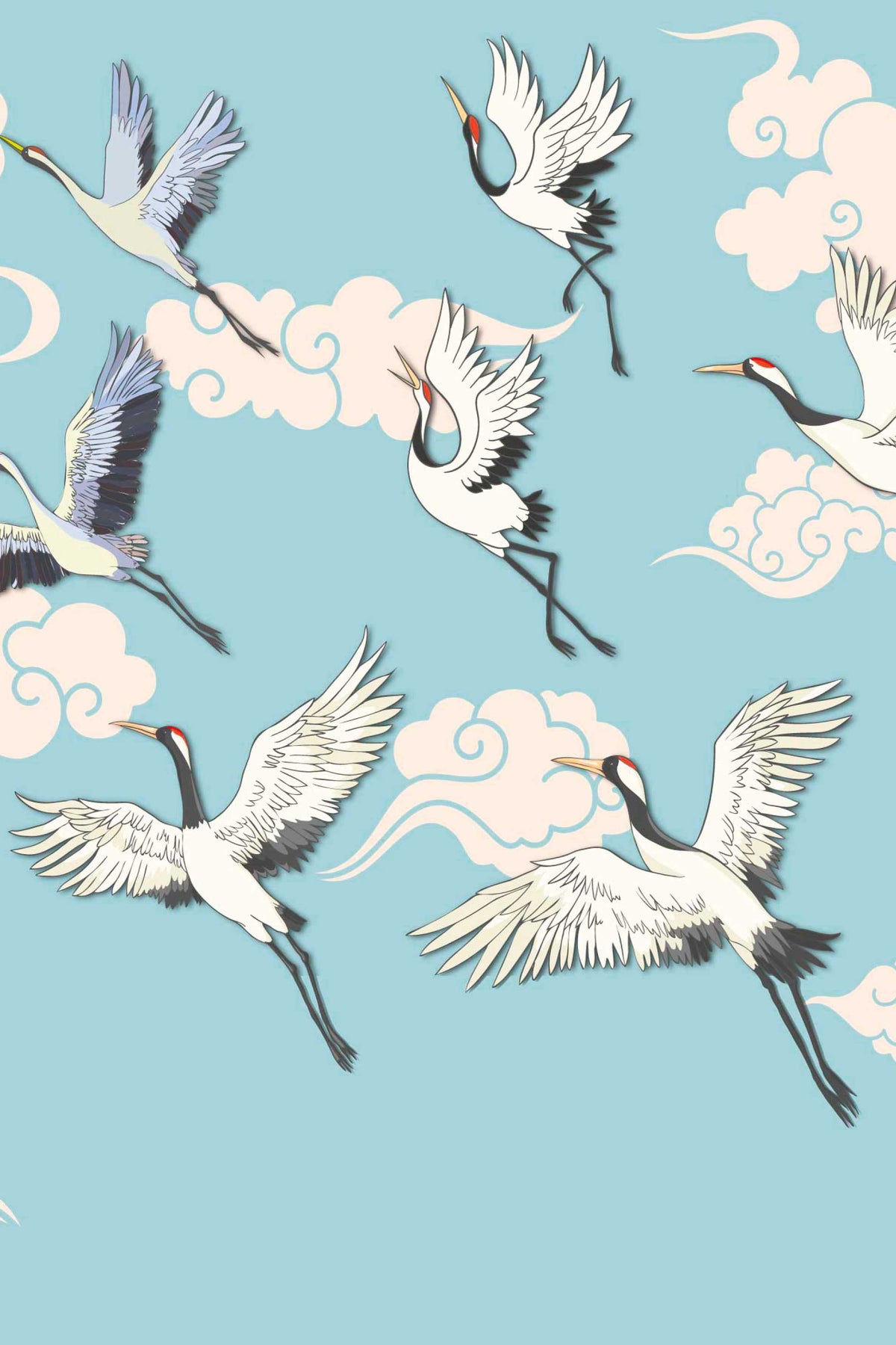 Détail du papier peint panoramique chinoiserie : grues blanches en vol et nuages crème sur ciel bleu clair