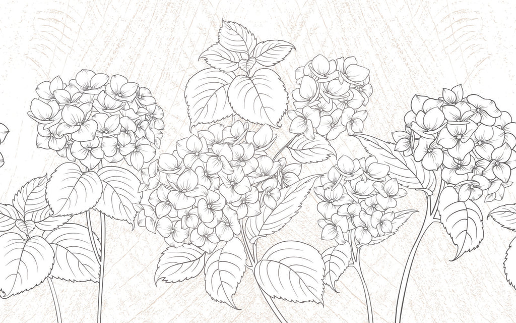 Détail du motif du papier peint panoramique Hortensias au trait