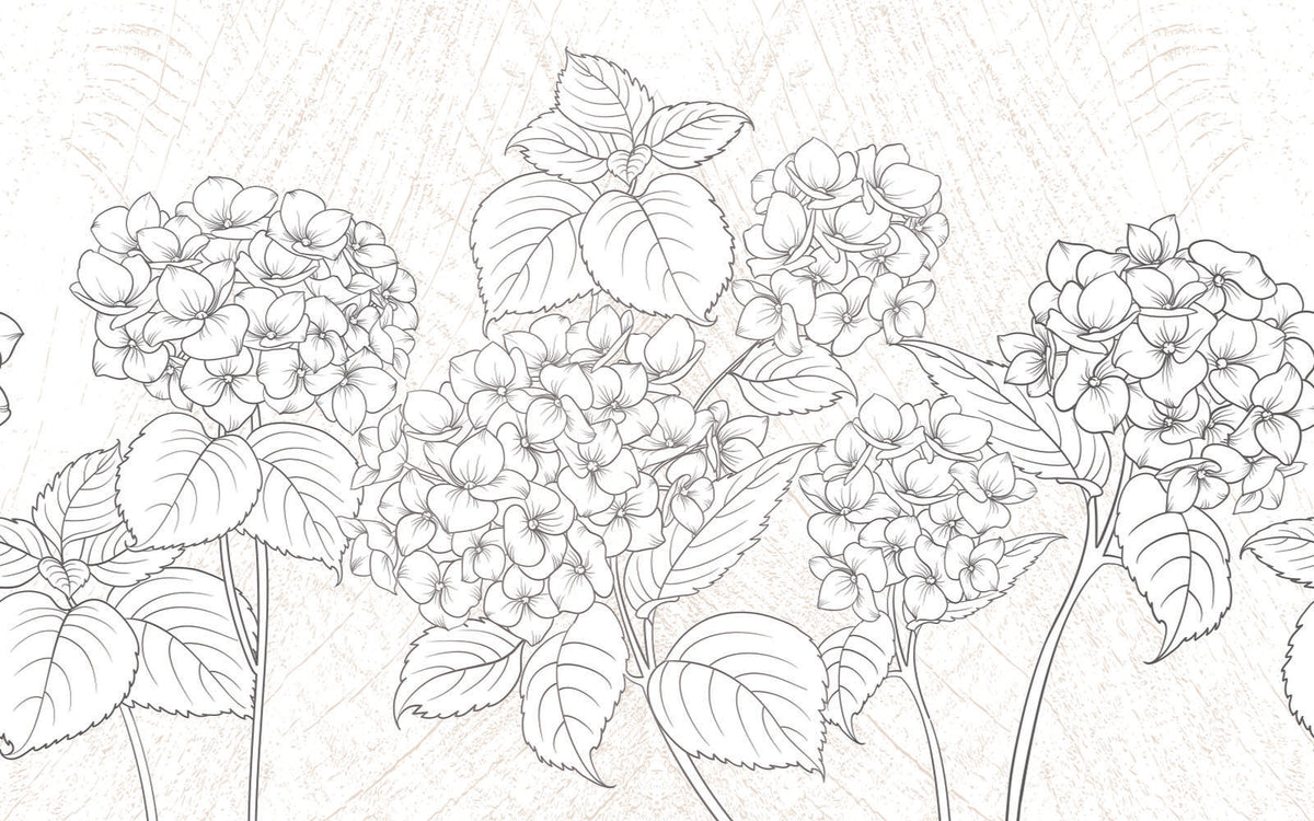 Détail du motif du papier peint panoramique Hortensias au trait