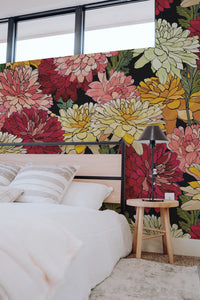 Papier peint panoramique jardin fleuri — dahlias et grandes fleurs colorées