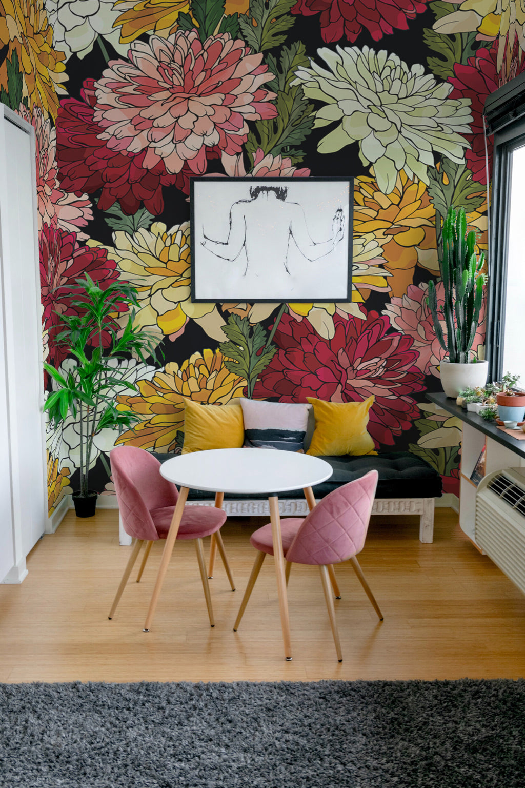 Papier peint panoramique jardin fleuri posé au mur, vue 2